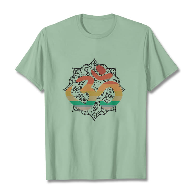 Foviel Gradient-farbige Om Sanskrit Mandala Hintergrund Muster Baumwolle Tee T-Shirt