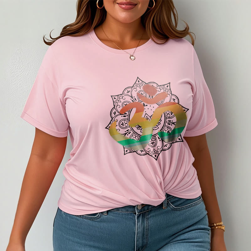 Foviel Gradient-farbige Om Sanskrit Mandala Hintergrund Muster Baumwolle Tee T-Shirt