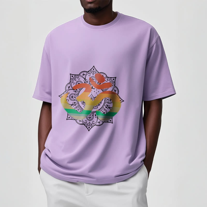 Foviel Gradient-farbige Om Sanskrit Mandala Hintergrund Muster Baumwolle Tee T-Shirt