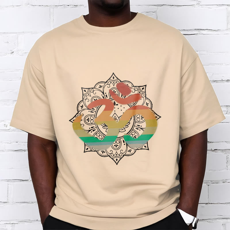 Foviel Gradient-farbige Om Sanskrit Mandala Hintergrund Muster Baumwolle Tee T-Shirt