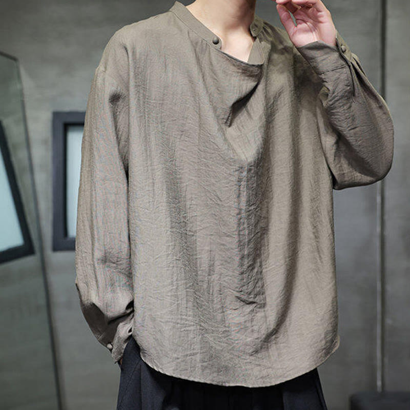 Chemise à manches longues en lin pour homme Foviel, style Tang, col montant plissé, couleur unie, collection printemps