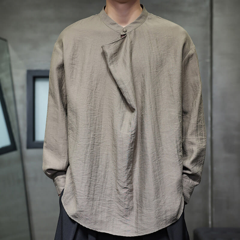 Chemise à manches longues en lin pour homme Foviel, style Tang, col montant plissé, couleur unie, collection printemps