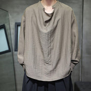 Foviel Spring Solid Color Pleated Stand Collar Design Tang Suit Men's Long Sleeve Linen Shirt