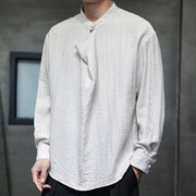 Foviel Spring Solid Color Pleated Stand Collar Design Tang Suit Men's Long Sleeve Linen Shirt