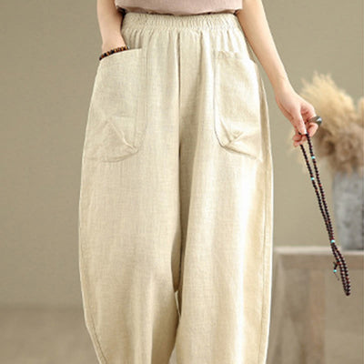 Buddha Stones Casual Daily Plain Simple Design Women's Cotton Linen Harem Pants With Pockets - image 4