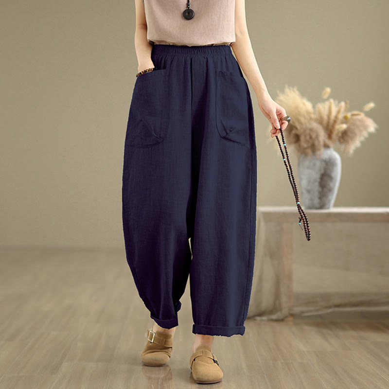 Buddha Stones Casual Daily Plain Simple Design Women's Cotton Linen Harem Pants With Pockets - image 14
