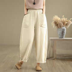 Buddha Stones Casual Daily Plain Simple Design Women's Cotton Linen Harem Pants With Pockets - Beige - US8-10，UK/AU12-14，EU40-42 (2XL) - image 0