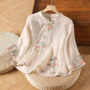 Foviel Casual Vintage Stickerei Blumenmuster Chinesisch Frog-Button Crew Hals Design Damen Baumwolle Leinen Hemd