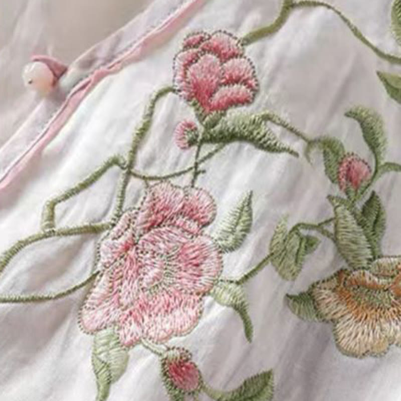 Buddha Stones Casual Vintage Embroidery Flower Pattern Chinese Frog-Button Crew Neck Design Women's Cotton Linen Shirt - image 3