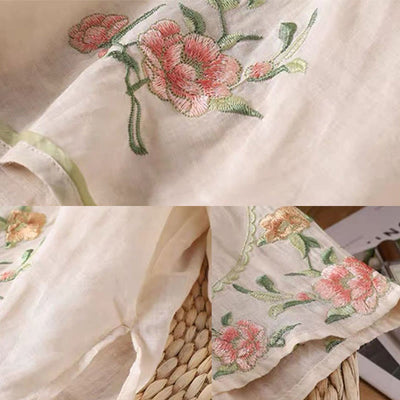 Buddha Stones Casual Vintage Embroidery Flower Pattern Chinese Frog-Button Crew Neck Design Women's Cotton Linen Shirt - image 1
