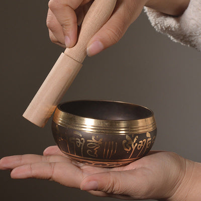 Bol chantant artisanal Foviel avec motif d'écritures et yeux de Bouddha, ensemble de bol sonore pour la méditation et la guérison