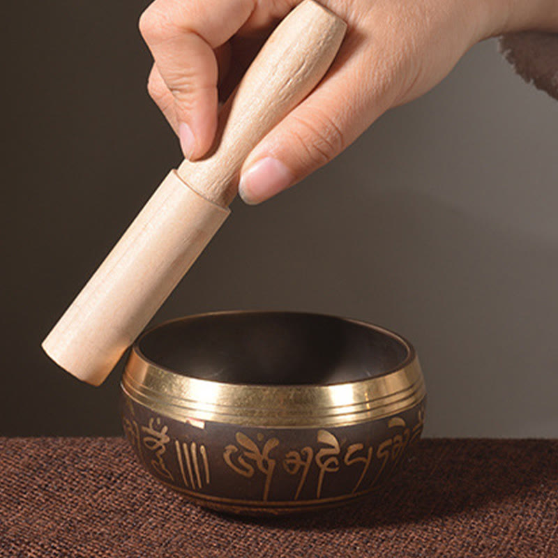 Bol chantant artisanal Foviel avec motif d'écritures et yeux de Bouddha, ensemble de bol sonore pour la méditation et la guérison