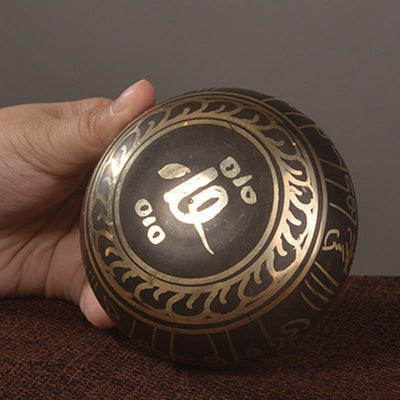 Bol chantant artisanal Foviel avec motif d'écritures et yeux de Bouddha, ensemble de bol sonore pour la méditation et la guérison