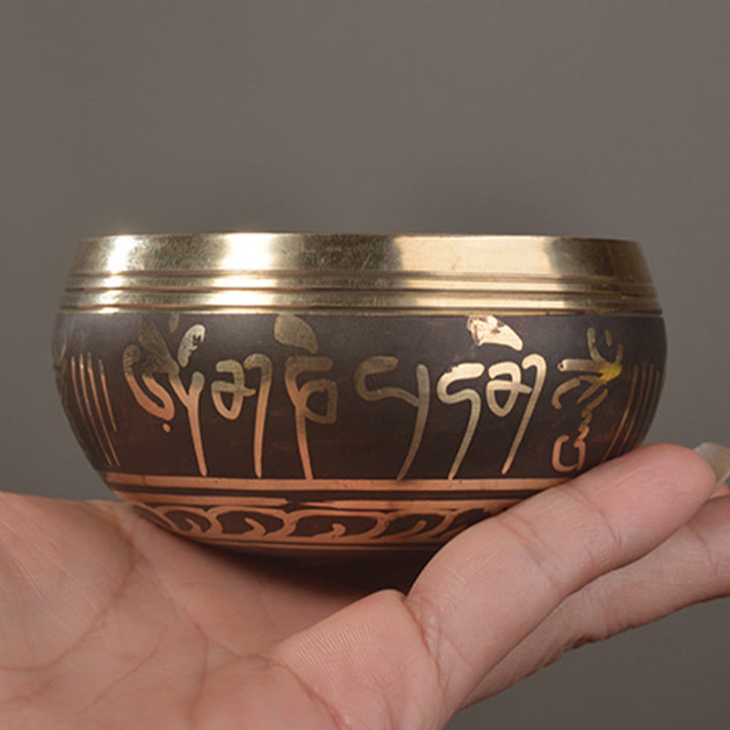 Bol chantant artisanal Foviel avec motif d'écritures et yeux de Bouddha, ensemble de bol sonore pour la méditation et la guérison