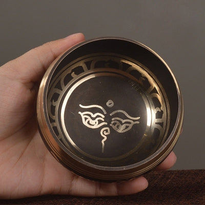 Bol chantant artisanal Foviel avec motif d'écritures et yeux de Bouddha, ensemble de bol sonore pour la méditation et la guérison