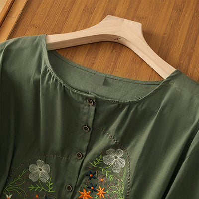 Buddha Stones Vintage Asymmetrical Embroidery Flower Plant Pattern Women's Cotton Linen Short Sleeve Jacket Shirt - image 2