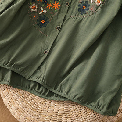 Buddha Stones Vintage Asymmetrical Embroidery Flower Plant Pattern Women's Cotton Linen Short Sleeve Jacket Shirt - image 5