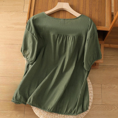 Buddha Stones Vintage Asymmetrical Embroidery Flower Plant Pattern Women's Cotton Linen Short Sleeve Jacket Shirt - image 1