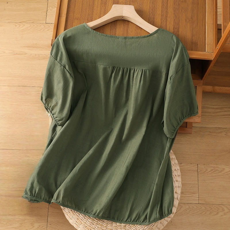 Buddha Stones Vintage Asymmetrical Embroidery Flower Plant Pattern Women's Cotton Linen Short Sleeve Jacket Shirt - image 1