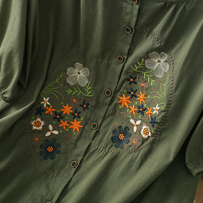 Buddha Stones Vintage Asymmetrical Embroidery Flower Plant Pattern Women's Cotton Linen Short Sleeve Jacket Shirt - image 4