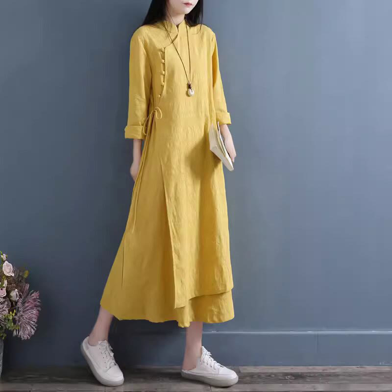 Foviel Frühling Casual Plain Frog-Button Design Seite Schnürung Midi Kleid