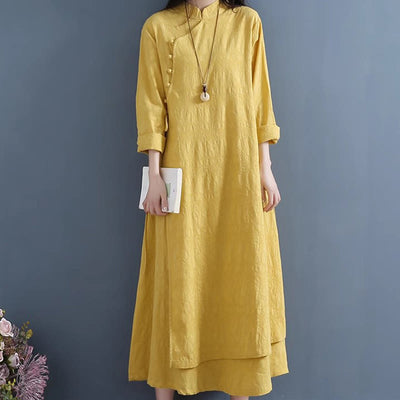 Foviel Frühling Casual Plain Frog-Button Design Seite Schnürung Midi Kleid