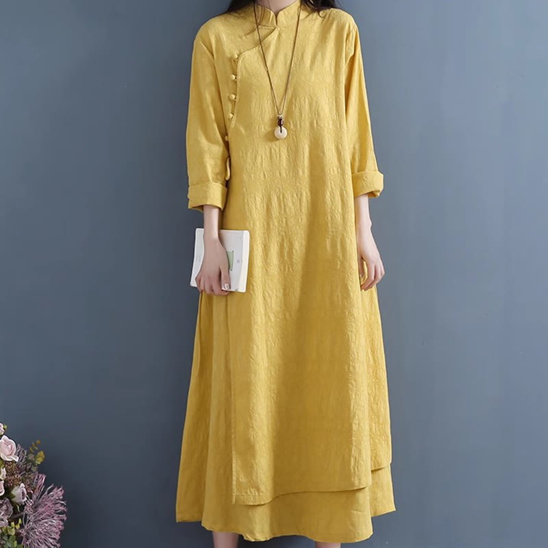 Foviel Frühling Casual Plain Frog-Button Design Seite Schnürung Midi Kleid