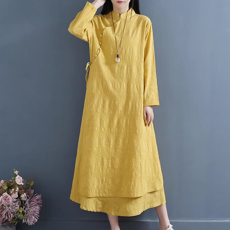 Foviel Frühling Casual Plain Frog-Button Design Seite Schnürung Midi Kleid