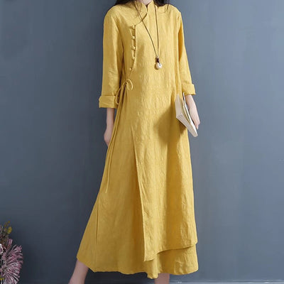 Foviel Frühling Casual Plain Frog-Button Design Seite Schnürung Midi Kleid