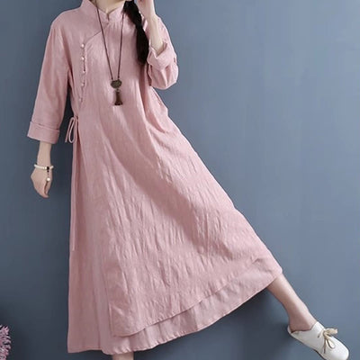 Foviel Frühling Casual Plain Frog-Button Design Seite Schnürung Midi Kleid