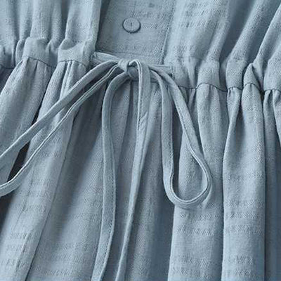 Buddha Stones Retro Solid Color Drawstring Frog-Button Design Long Sleeve Cotton Linen Midi Dress With Pockets - image 4
