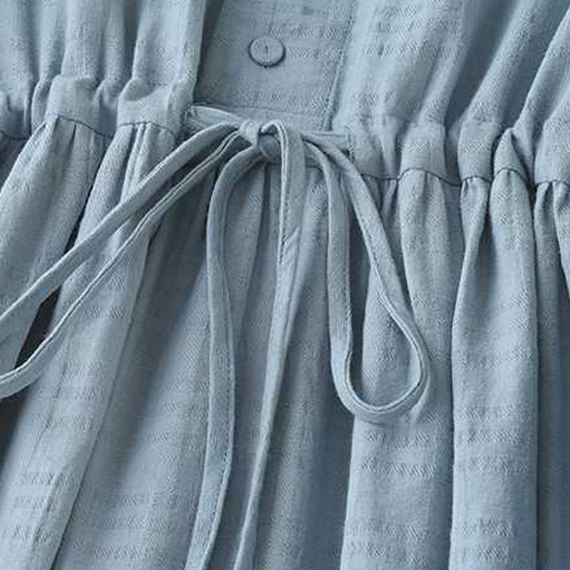 Buddha Stones Retro Solid Color Drawstring Frog-Button Design Long Sleeve Cotton Linen Midi Dress With Pockets - image 4