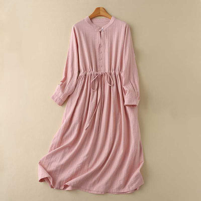 Buddha Stones Retro Solid Color Drawstring Frog-Button Design Long Sleeve Cotton Linen Midi Dress With Pockets - Salmon - US8-10，UK/AU12-14，EU40-42 (2XL) - image 19