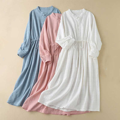 Buddha Stones Retro Solid Color Drawstring Frog-Button Design Long Sleeve Cotton Linen Midi Dress With Pockets - image 25
