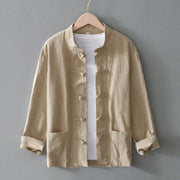 Foviel Frog-Button Chinese Tang Suit Cotton Linen Men Shirt With Pockets