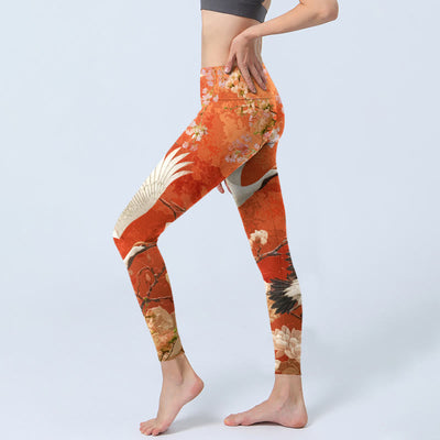 Buddha Stones Red-Crowned Crane Cherry Blossom Lotus Flower Pattern Print Gym Leggings Women's Yoga Pants - image 2