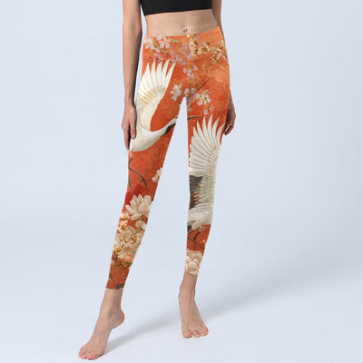 Buddha Stones Red-Crowned Crane Cherry Blossom Lotus Flower Pattern Print Gym Leggings Women's Yoga Pants - image 5