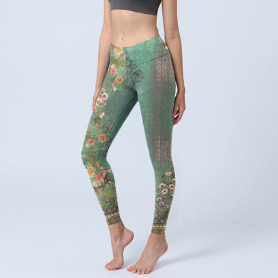 Buddha Stones Vintage Floral Garland Lace Damask Pattern Print Gym Leggings Women's Yoga Pants - MediumSeaGreen - US18，UK/AU22，EU50 (4XL) - image 1