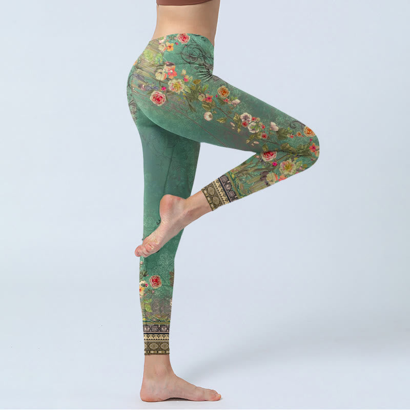 Buddha Stones Vintage Floral Garland Lace Damask Pattern Print Gym Leggings Women's Yoga Pants - image 5