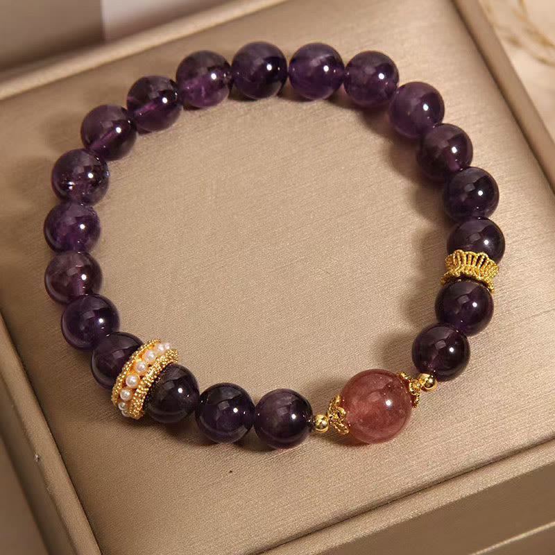 Foviel Natürliche Amethyst Glückliche Erdbeerquarz Perlen Frieden Armband
