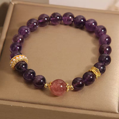 Foviel Natural Amethyst Lucky Strawberry Quartz Beads Peace Bracelet