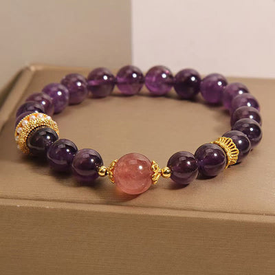 Foviel Natural Amethyst Lucky Strawberry Quartz Beads Peace Bracelet