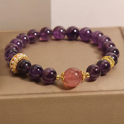 Foviel Natural Amethyst Lucky Strawberry Quartz Beads Peace Bracelet