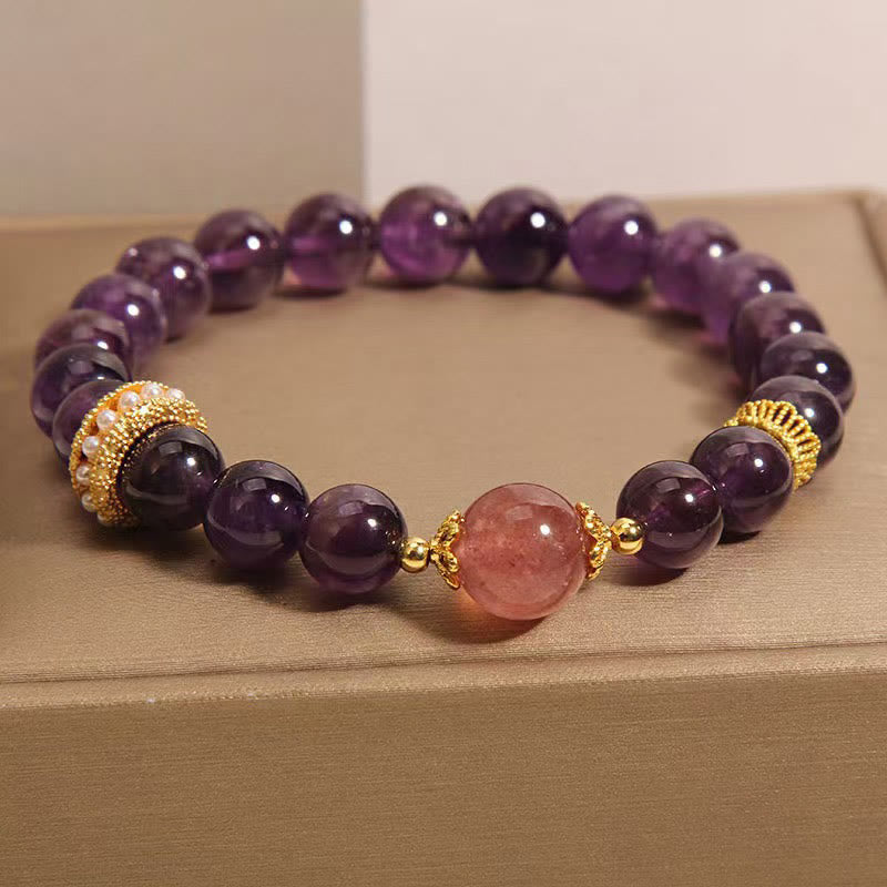 Foviel Natural Amethyst Lucky Strawberry Quartz Beads Peace Bracelet