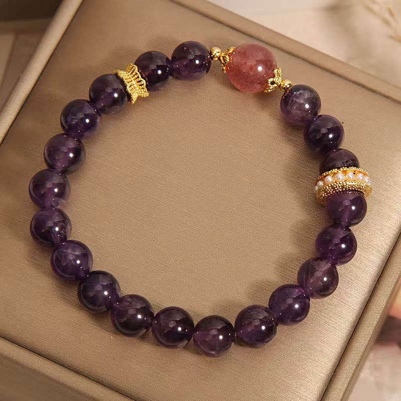 Foviel Natürliche Amethyst Glückliche Erdbeerquarz Perlen Frieden Armband