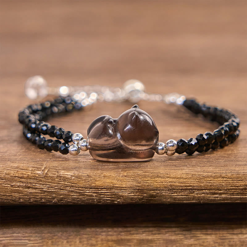 Bracelet double épaisseur Foviel en obsidienne noire, spinelle et chat couché Courage