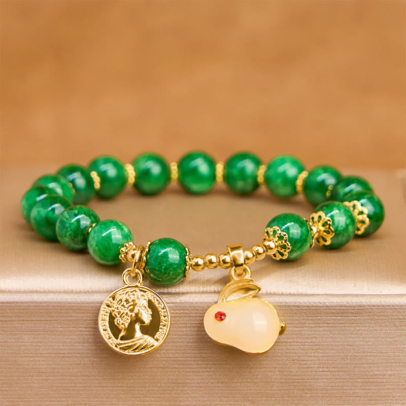 Bracelet de clarté Foviel en calcite verte avec charm lapin adorable