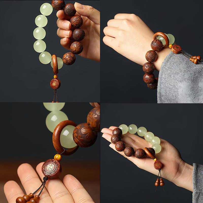 GRATUIT aujourd'hui : Bracelet PiXiu avec caractère Fu gravé sur bois de sappan, symbole de guérison et de chaleur