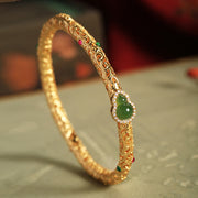 Foviel Cyan Jade Copper Plated Gold Auspicious Clouds Gourd Luck Bracelet Bangle