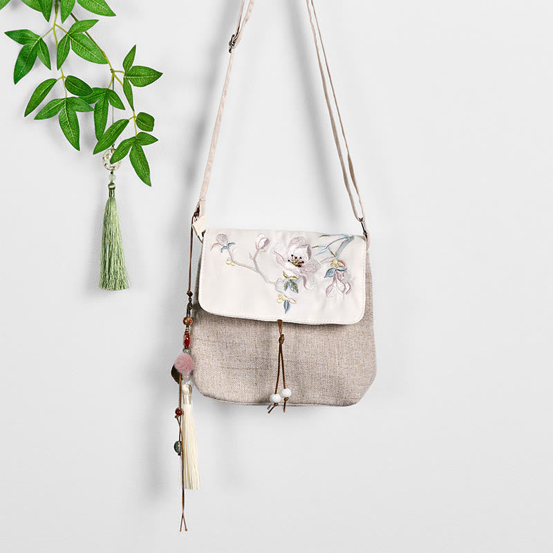 Sac à dos Foviel grand format en toile de polyester brodé de magnolias faits main